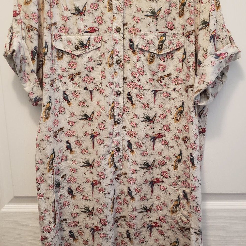 French Connection Shirt Dress sz 8 peacock bird EUC cherry blossoms UTILITY